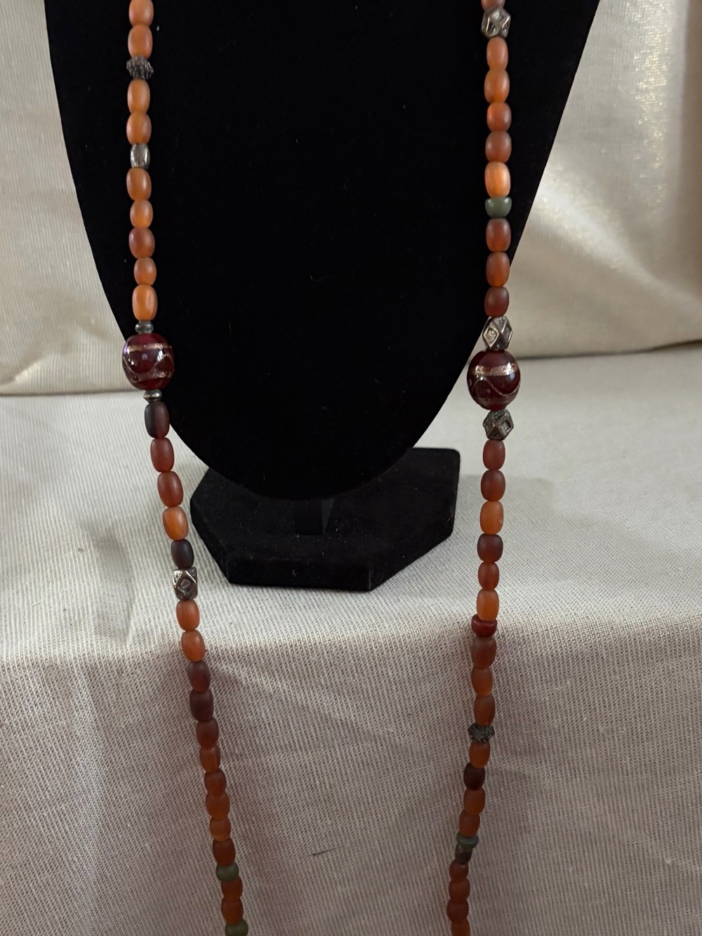 Vintage Long Amber-Bead Necklace with Carved Accent Beads